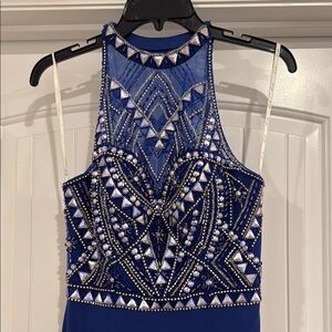 Blue Halter Neck Sleeveless Prom Gown